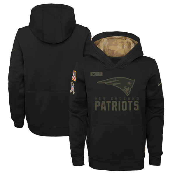 Youth New England Patriots 2020 Black Salute to Service Sideline Performance Pullover Hoodie